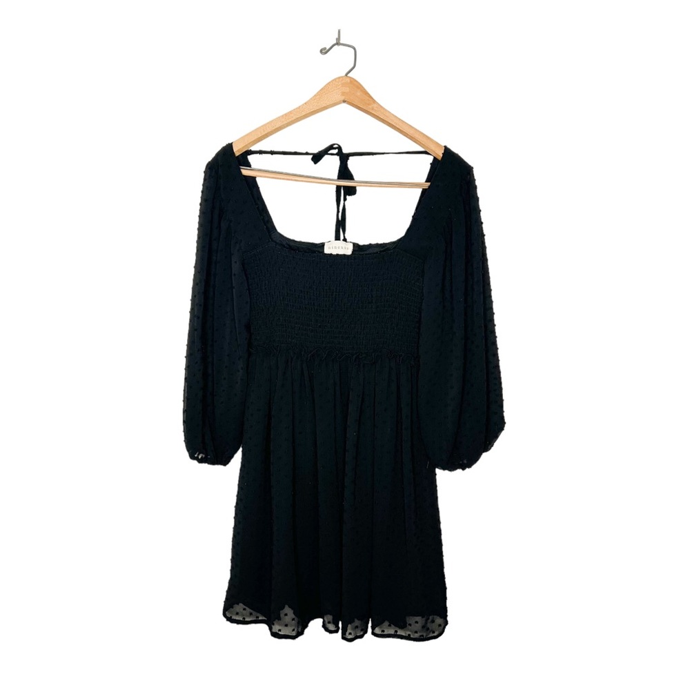 Ninexis‎ Womens Black Swiss Dot Smocked Bust Baloon Sleeve Mini Dress Large L